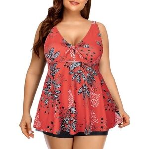 Rivelino Plus Size V-Neck Tankini with Boyshorts Two-Piece Bowknot
